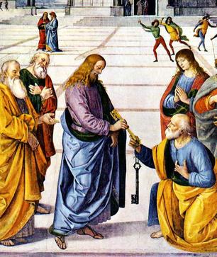 Pietro Perugino, Wręczenie kluczy świętemu Piotrowi (1480-82) - przykład rzymsko-katolickiej propagandy